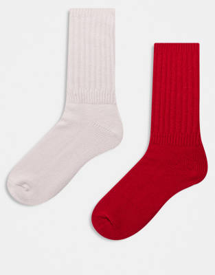 Hollister - Lot de 2 paires de chaussettes longues confortables - Rouge et blanc-Multicolore