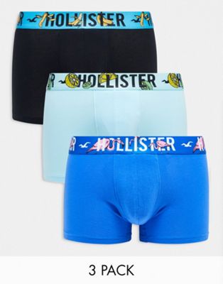 Hollister 3 pack trunks conversational logo waistband in black/light & mid blue - ASOS Price Checker