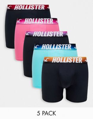 Hollister 5 pack logo pattern waistband active trunks in black/blue/pink - ASOS Price Checker