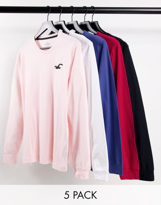 Hollister - Lot de 5 tops à manches longues et logo emblématique - Noir/blanc/bleu/rose/rouge
