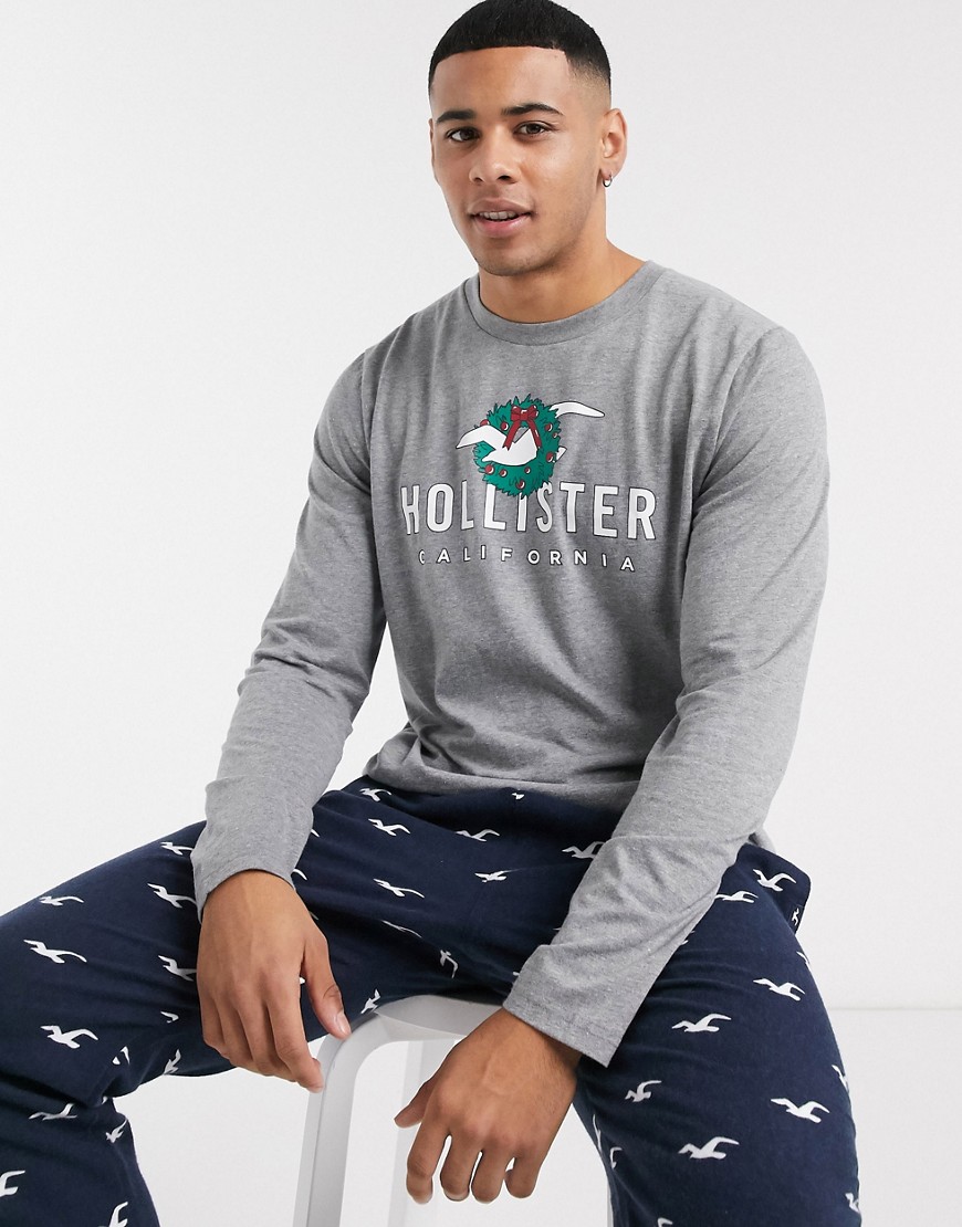 Hollister - Lounge - Cadeauset met joggingbroek met enkelboorden en logo en top met lange mouwen in grijs met marineblauw