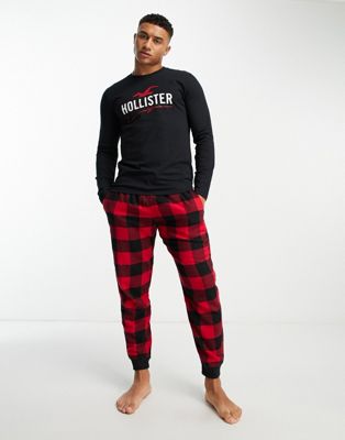 Hollister lounge set check flannel jogger and logo long sleeve top in red/black