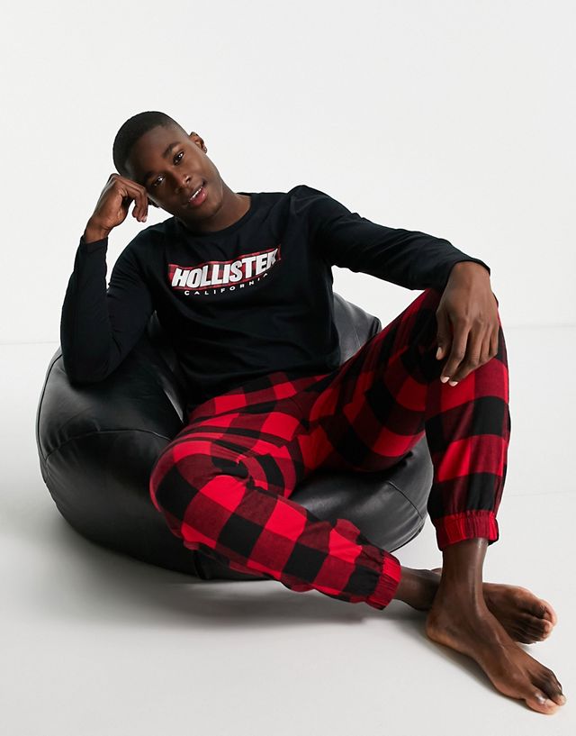 Hollister lounge set sweatpants and long sleeve top in red check/ black with logo