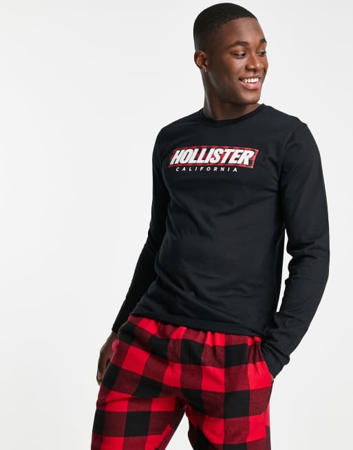 Hollister lounge set sweatpants and long sleeve top in red check/ black  with logo