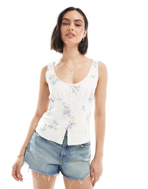 Hollister low neckline linen button up tank top in blue floral - view 1