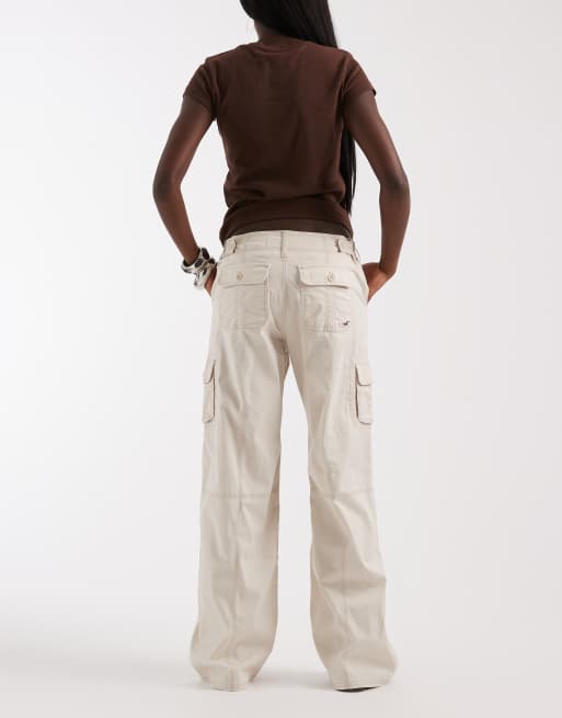 Hollister low rise baggy cargo trousers with adjustable waist in cream, 3 of 5