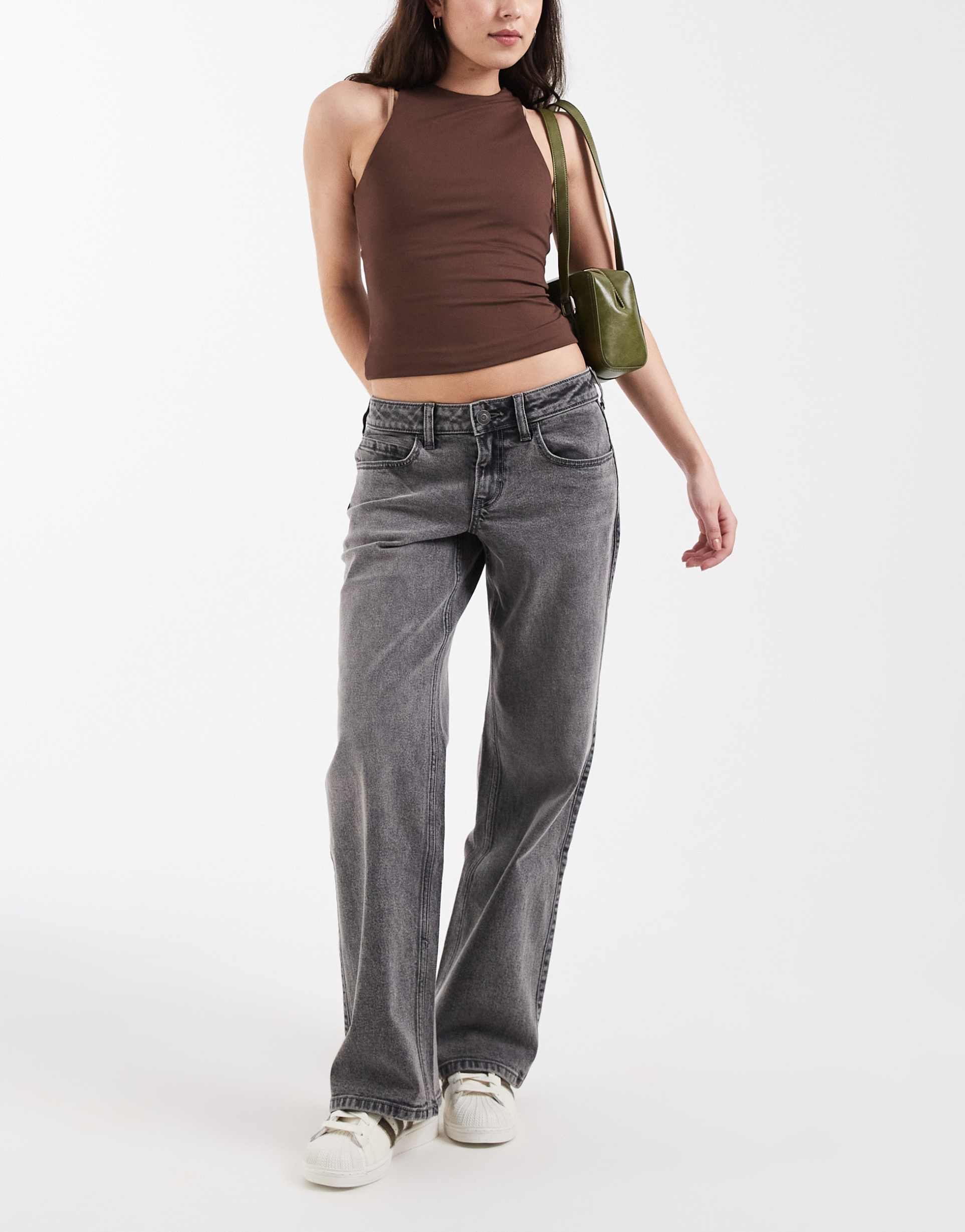 hollister low rise baggy fit jeans with adjustable back in gray wash