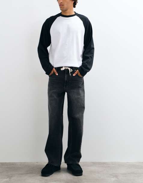 Hollister low rise baggy fit jeans with drawcord in washed black - view 1