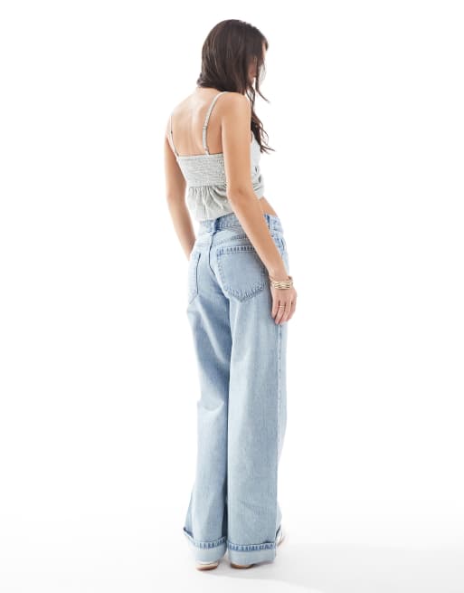 Low Rise Baggy Acid Wash Jeans Light Blue Wash Asymmetric