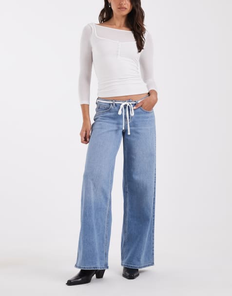 Hollister low rise baggy jeans with tie up waist detail in medium wash - view 1