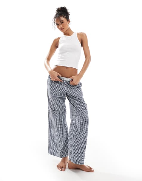 Hollister low rise baggy pyjama bottoms in blue gingham - view 1