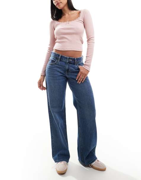 Hollister low rise baggy straight leg jean in blue wash - view 1