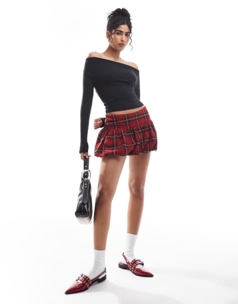 Hollister low rise bubble skirt in red tartan print - view 1