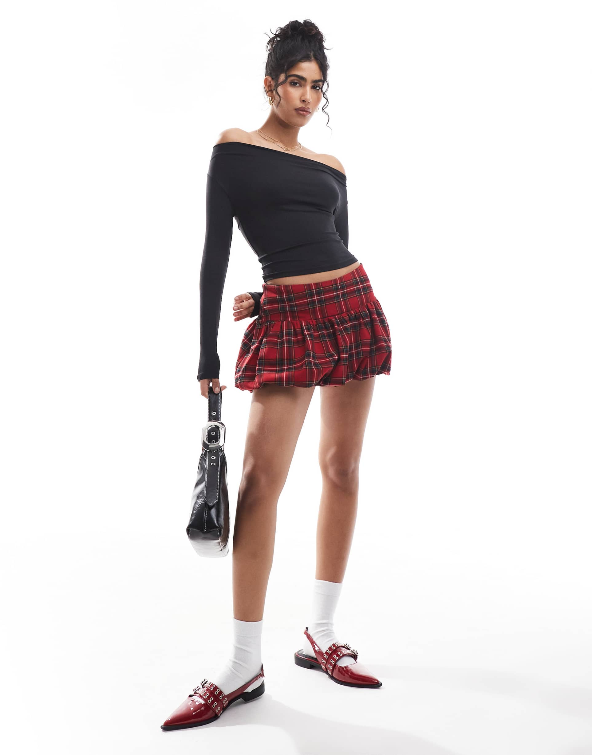 hollister low rise bubble skirt in red tartan print