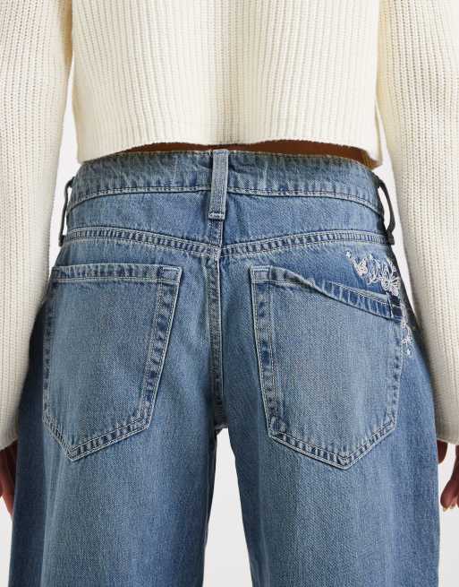 Hollister low rise embroidered baggy jeans in light blue wash, 5 of 5