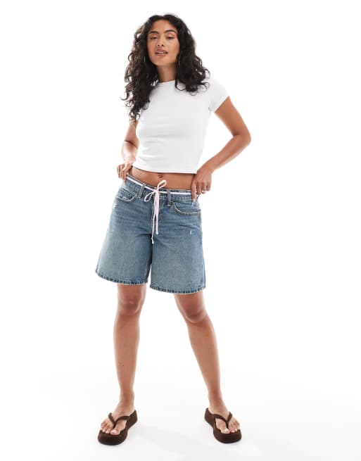 Hollister low rise embroidered baggy short in denim