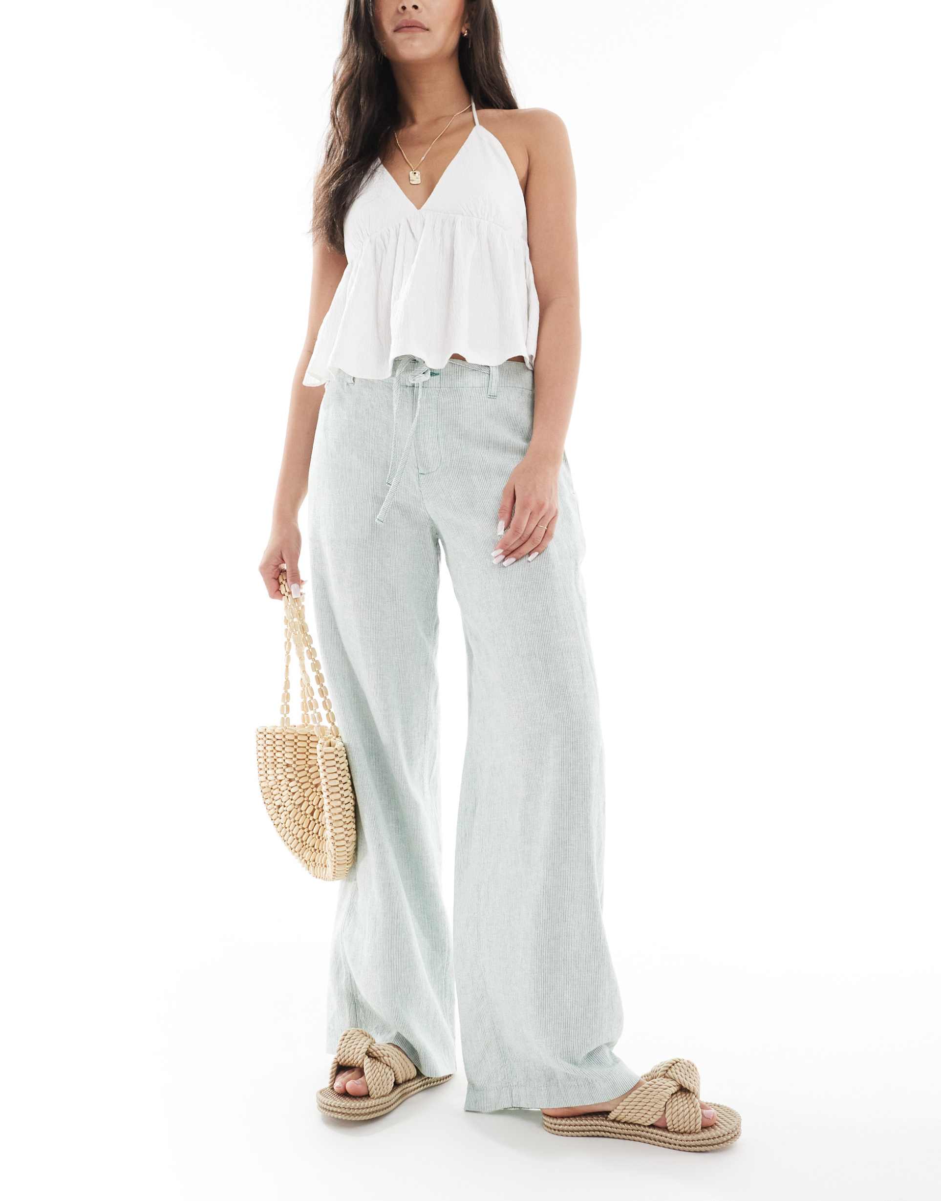 hollister low rise linen blend super baggy pants in green and white stripe