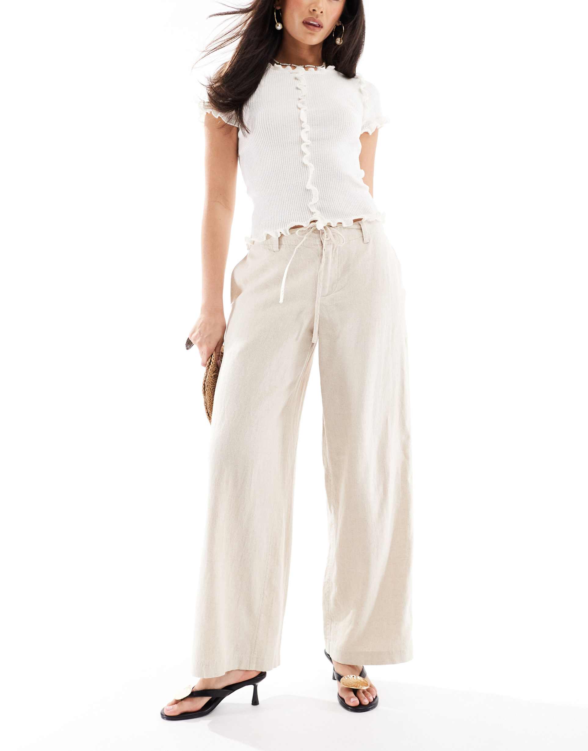 hollister low rise linen blend super baggy pants in oatmeal