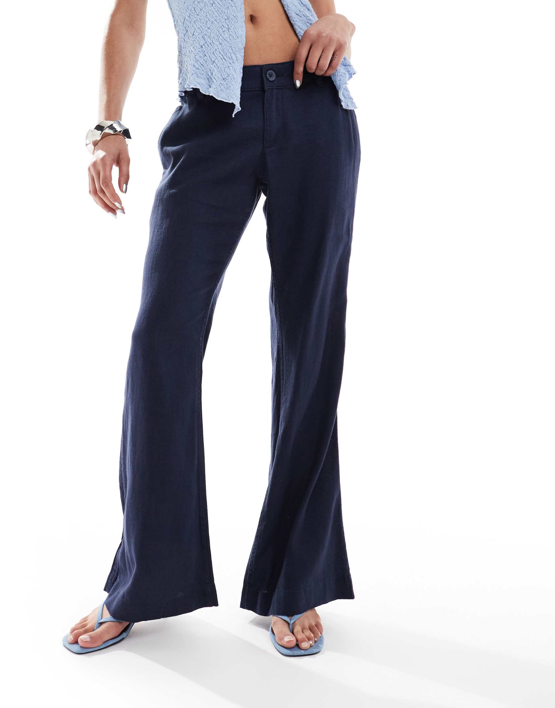 hollister low rise linen mix tailored baggy flare pants in navy