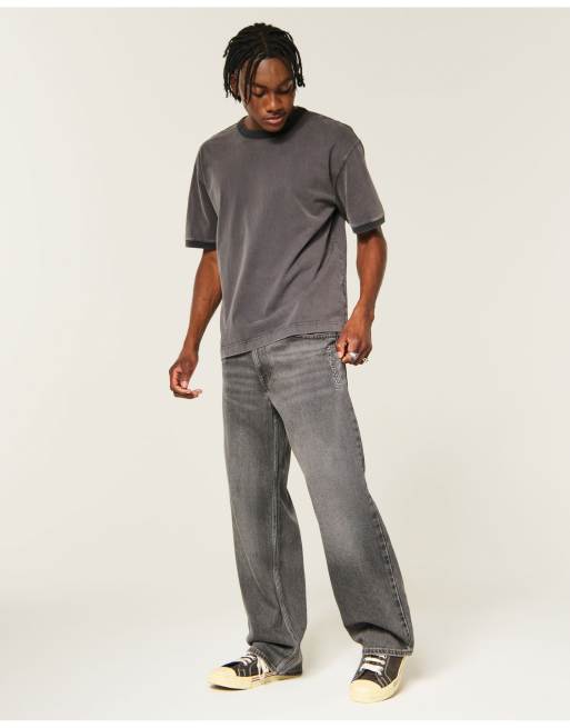 Hollister Low-rise logo graphic baggy jeans in washed black, 2 of 4