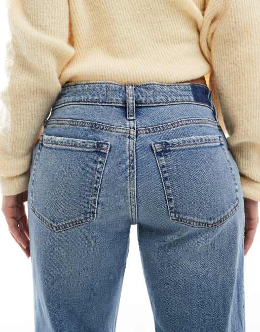 Hollister low rise relaxed straight fit jeans with knee rips in mid blue ASOS