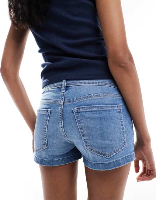 Hollister low rise split hem mini denim shorts medium blue wash ASOS