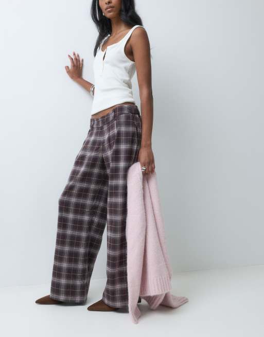 Hollister low rise tailored trouser in navy and burgundy plaid, 1 of 5