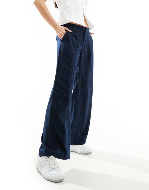 Hollister low rise tailored wide leg trouser in navy stripe ASOS