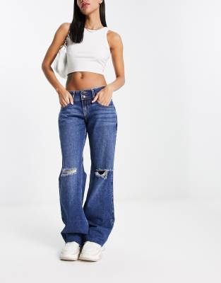 Hollister high rise knee rip embellished mom jeans in mid wash