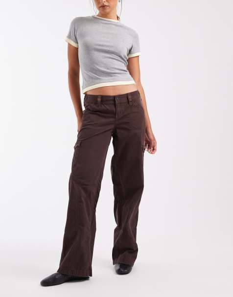 Hollister low rise wide leg adjustable waist pants in brown - view 1