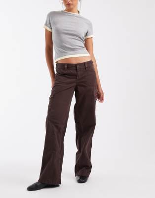 Hollister low rise wide leg adjustable waist trousers in brown