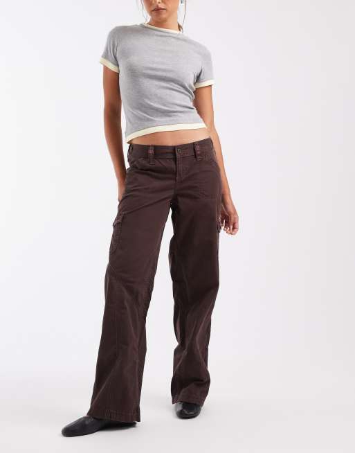 Hollister low rise wide leg adjustable waist trousers in brown, 1 of 5