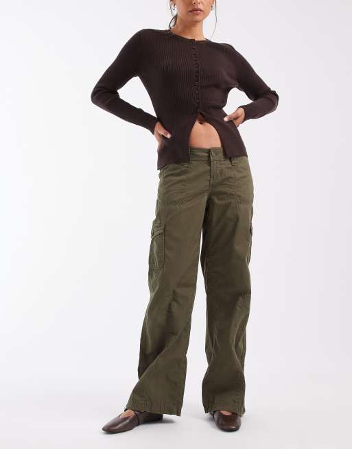Hollister low rise wide leg adjustable waist trousers in khaki, 1 of 5