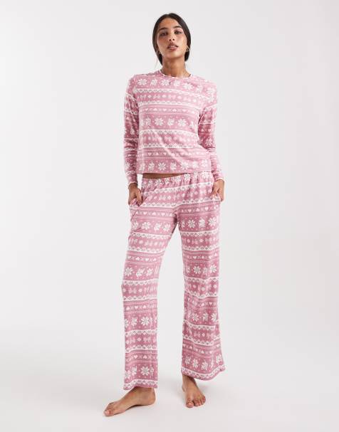 Hollister low rise wide leg pajama bottoms in pink fairisle - part of a set - view 1