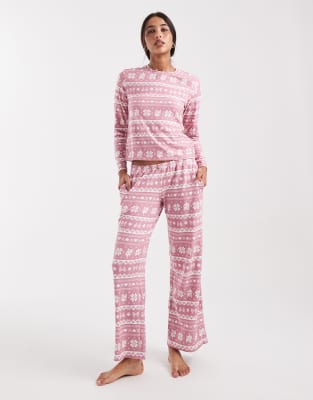 Hollister low rise wide leg pyjama bottoms co-ord in pink fairisle