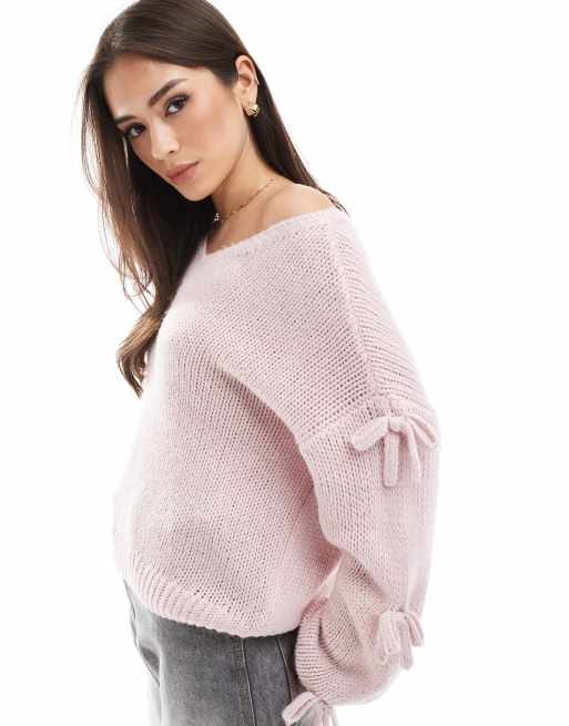 Hollister - Løstsiddende lyslilla striktrøje med offshoulder-snit og sløjfedetaljer