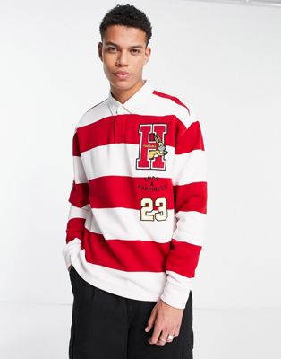 Hollister lunar new year logo print stripe rugby polo in red/white - ASOS Price Checker