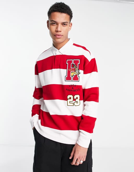 Hollister red white store and blue shirt