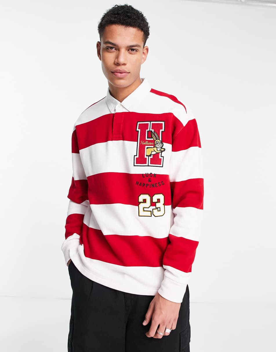 Hollister lunar new year logo print stripe rugby polo in red/white