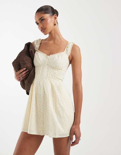 Hollister - Lysegul minikjole i milkmaid-design med småblomstret print - view 1