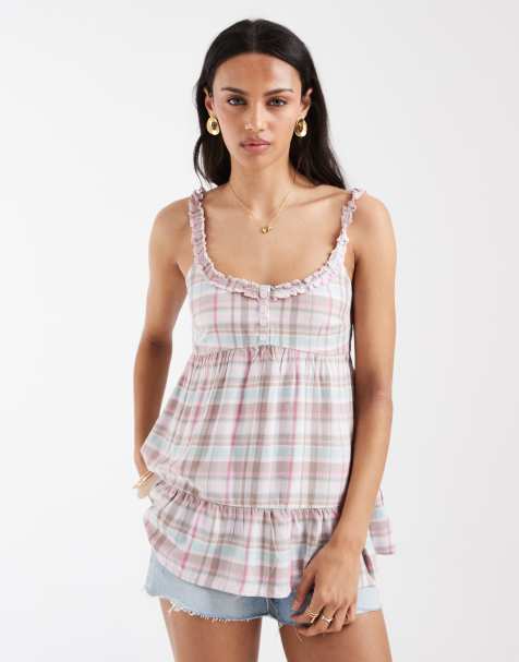 Hollister - Lyserød ternet longline-tunika i babydoll-design med camistropper - view 1