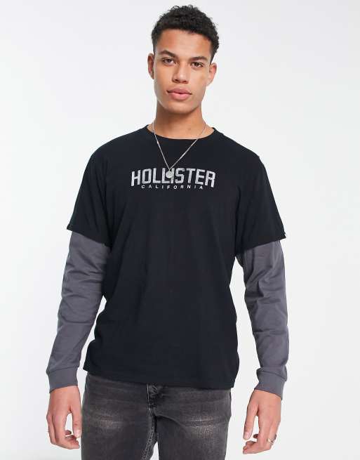 Hollister Maglietta a maniche lunghe nera e grigia con logo sul petto ASOS