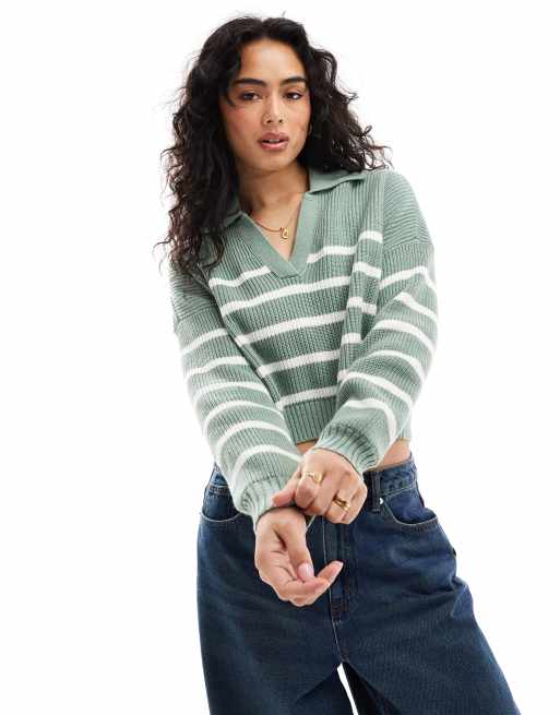 Hollister Maglione a maniche lunghe verde a righe con colletto stile polo ASOS