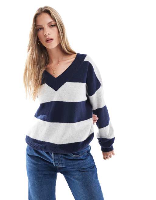 Hollister - Maglione a trecce con scollo a V e righe blu e grigie
