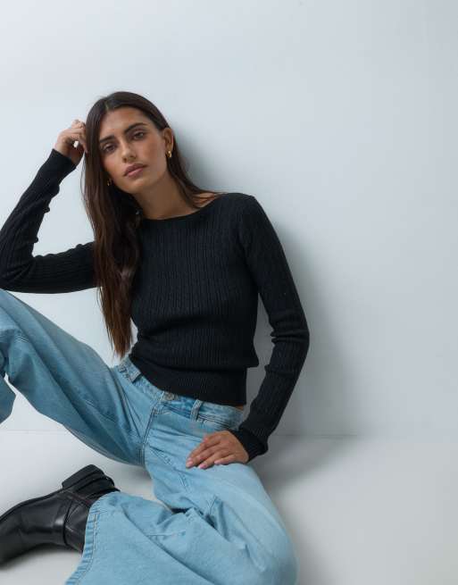Hollister maglione aderente a trecce con scollo a barchetta nero, 1 di 4