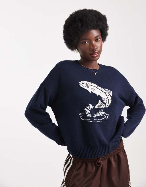 Hollister - Maglione blu navy extra largo con ricamo