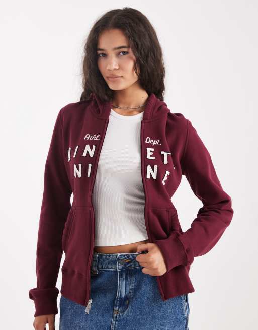 Hollister - Maglione bordeaux con cappuccio, grafica e doppia zip, 2 di 4