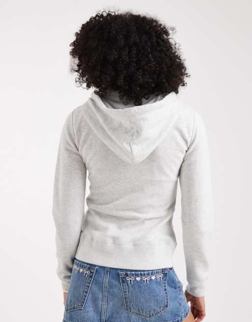 Hollister - Maglione grigio con cappuccio, grafica e doppia zip, 3 di 4