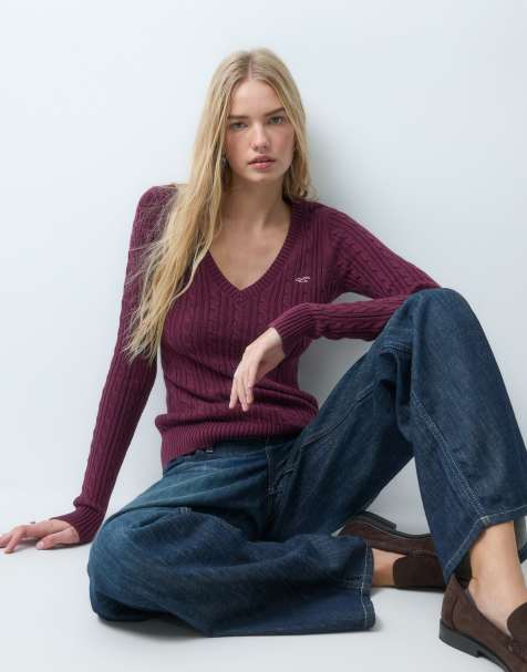 Hollister maglione lavorato con logo iconico a V in bordeaux - view 1