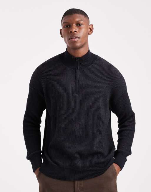 Hollister - Maglione squadrato nero a coste con zip corta